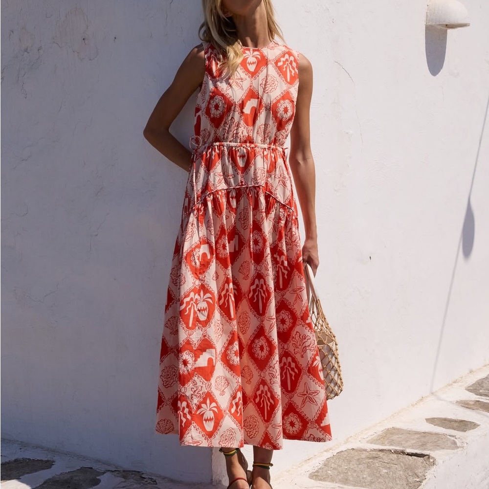 NWT Oliphant‎ Asterias Red Sleeveless Piped Maxi Dress Size XS Red Cotton Resort